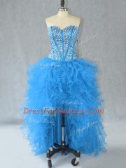 New Style Sweetheart Sleeveless Prom Dresses High Low Beading and Ruffles Aqua Blue Organza