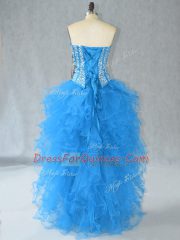 New Style Sweetheart Sleeveless Prom Dresses High Low Beading and Ruffles Aqua Blue Organza