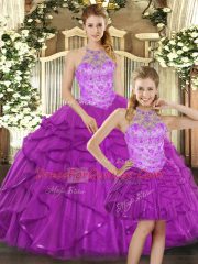 Free and Easy Purple Quinceanera Dress Sweet 16 and Quinceanera with Beading and Ruffles Halter Top Sleeveless Lace Up