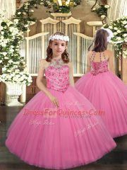 Rose Pink Tulle Lace Up Child Pageant Dress Sleeveless Floor Length Beading
