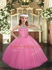 Rose Pink Tulle Lace Up Child Pageant Dress Sleeveless Floor Length Beading