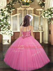 Rose Pink Tulle Lace Up Child Pageant Dress Sleeveless Floor Length Beading