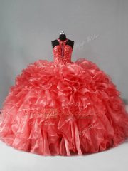 Fancy Coral Red Ball Gowns Halter Top Sleeveless Organza Brush Train Zipper Beading and Ruffles Quinceanera Dresses