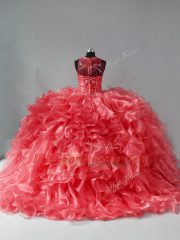 Fancy Coral Red Ball Gowns Halter Top Sleeveless Organza Brush Train Zipper Beading and Ruffles Quinceanera Dresses