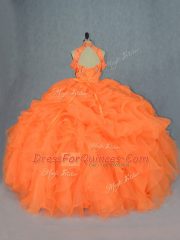 Customized Orange Organza Lace Up High-neck Sleeveless Floor Length 15 Quinceanera Dress Beading and Ruffles