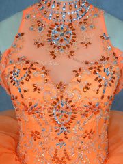 Customized Orange Organza Lace Up High-neck Sleeveless Floor Length 15 Quinceanera Dress Beading and Ruffles