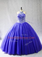 Blue Halter Top Neckline Beading Ball Gown Prom Dress Sleeveless Lace Up