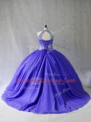 Blue Halter Top Neckline Beading Ball Gown Prom Dress Sleeveless Lace Up