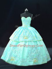 Sleeveless Floor Length Embroidery Lace Up Sweet 16 Dresses with Aqua Blue