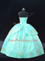 Sleeveless Floor Length Embroidery Lace Up Sweet 16 Dresses with Aqua Blue