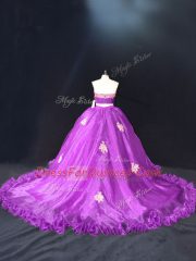 Purple Ball Gowns Sweetheart Sleeveless Organza Brush Train Zipper Appliques Sweet 16 Dresses