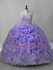 Lavender Fabric With Rolling Flowers Lace Up Sweetheart Sleeveless Quinceanera Dress Brush Train Beading