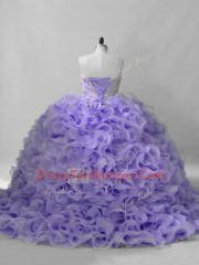 Lavender Fabric With Rolling Flowers Lace Up Sweetheart Sleeveless Quinceanera Dress Brush Train Beading