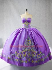 Floor Length Lace Up Quinceanera Dresses Lavender for Sweet 16 and Quinceanera with Embroidery