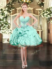 Affordable Sleeveless Mini Length Beading and Ruffles Lace Up Party Dress for Toddlers with Apple Green