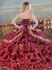 Brown Sweetheart Neckline Embroidery and Ruffles Ball Gown Prom Dress Sleeveless Lace Up