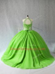 Custom Fit Halter Top Sleeveless Court Train Lace Up Quinceanera Dress Tulle