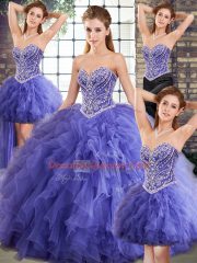 Sweetheart Sleeveless Quinceanera Gown Floor Length Beading and Ruffles Lavender Tulle