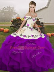 Popular White And Purple Lace Up Off The Shoulder Embroidery and Ruffles Sweet 16 Dresses Tulle Sleeveless