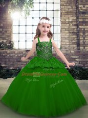 Sweet Green Ball Gowns Straps Sleeveless Tulle Floor Length Lace Up Beading Little Girl Pageant Dress