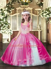 Beading Pageant Gowns For Girls Hot Pink Lace Up Sleeveless Floor Length