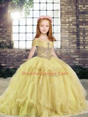 Custom Designed Yellow Tulle Lace Up Off The Shoulder Sleeveless Floor Length Little Girls Pageant Dress Beading