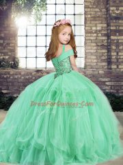 Custom Designed Yellow Tulle Lace Up Off The Shoulder Sleeveless Floor Length Little Girls Pageant Dress Beading