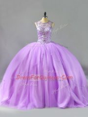 Sleeveless Tulle Floor Length Lace Up Sweet 16 Dresses in Lavender with Beading