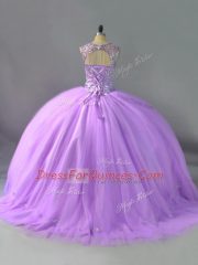 Sleeveless Tulle Floor Length Lace Up Sweet 16 Dresses in Lavender with Beading