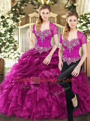 Best Selling Fuchsia Organza Lace Up Quinceanera Gowns Sleeveless Floor Length Beading and Ruffles and Pick Ups