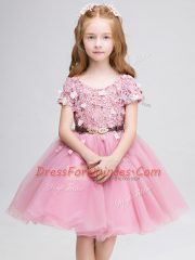 Luxury Scoop Short Sleeves Flower Girl Dresses Mini Length Lace and Belt Pink Tulle