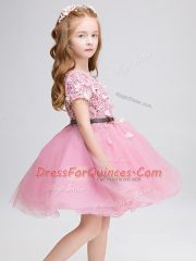 Luxury Scoop Short Sleeves Flower Girl Dresses Mini Length Lace and Belt Pink Tulle