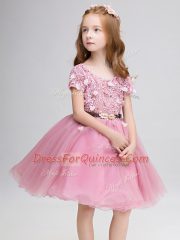 Luxury Scoop Short Sleeves Flower Girl Dresses Mini Length Lace and Belt Pink Tulle