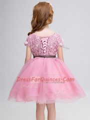 Luxury Scoop Short Sleeves Flower Girl Dresses Mini Length Lace and Belt Pink Tulle