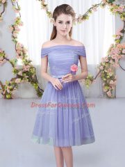 Belt Vestidos de Damas Lavender Lace Up Short Sleeves Knee Length