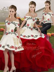 White And Red Lace Up Off The Shoulder Embroidery and Ruffles Quinceanera Dresses Tulle Sleeveless