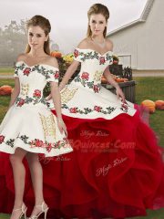 White And Red Lace Up Off The Shoulder Embroidery and Ruffles Quinceanera Dresses Tulle Sleeveless