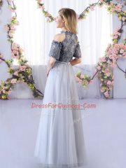 Appliques Dama Dress for Quinceanera Grey Zipper Short Sleeves Floor Length