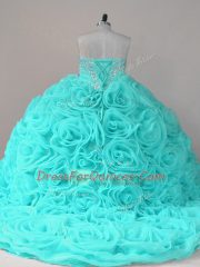 Extravagant Sleeveless Fabric With Rolling Flowers Lace Up Quince Ball Gowns in Aqua Blue with Beading