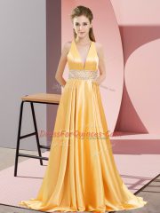 Sweet Gold Prom Party Dress Prom and Party with Beading V-neck Sleeveless Brush Train Backless