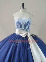 Tulle Sleeveless Quinceanera Gown Brush Train and Appliques and Sashes ribbons and Bowknot