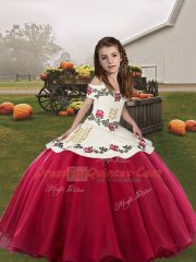 Coral Red Ball Gowns Organza Straps Sleeveless Embroidery Floor Length Lace Up Little Girl Pageant Gowns
