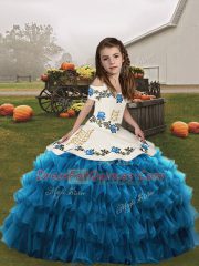 Organza Straps Sleeveless Lace Up Embroidery and Ruffled Layers Pageant Gowns For Girls in Blue