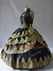 Modest Black Ball Gowns Satin Sweetheart Sleeveless Embroidery Floor Length Lace Up Quinceanera Gowns