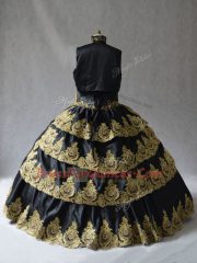 Modest Black Ball Gowns Satin Sweetheart Sleeveless Embroidery Floor Length Lace Up Quinceanera Gowns