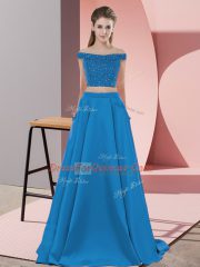 Beading Homecoming Dress Blue Backless Sleeveless Sweep Train