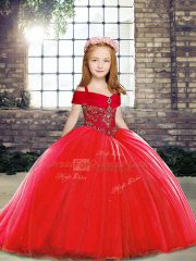Red Child Pageant Dress Straps Sleeveless Brush Train Lace Up
