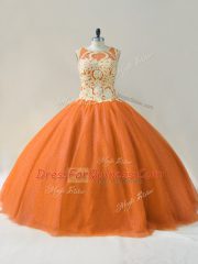 Orange Tulle Lace Up Sweet 16 Dresses Sleeveless Floor Length Beading and Appliques