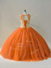 Orange Tulle Lace Up Sweet 16 Dresses Sleeveless Floor Length Beading and Appliques