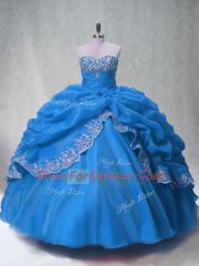 Low Price Blue Organza Lace Up Quinceanera Gown Sleeveless Floor Length Beading and Appliques and Pick Ups
